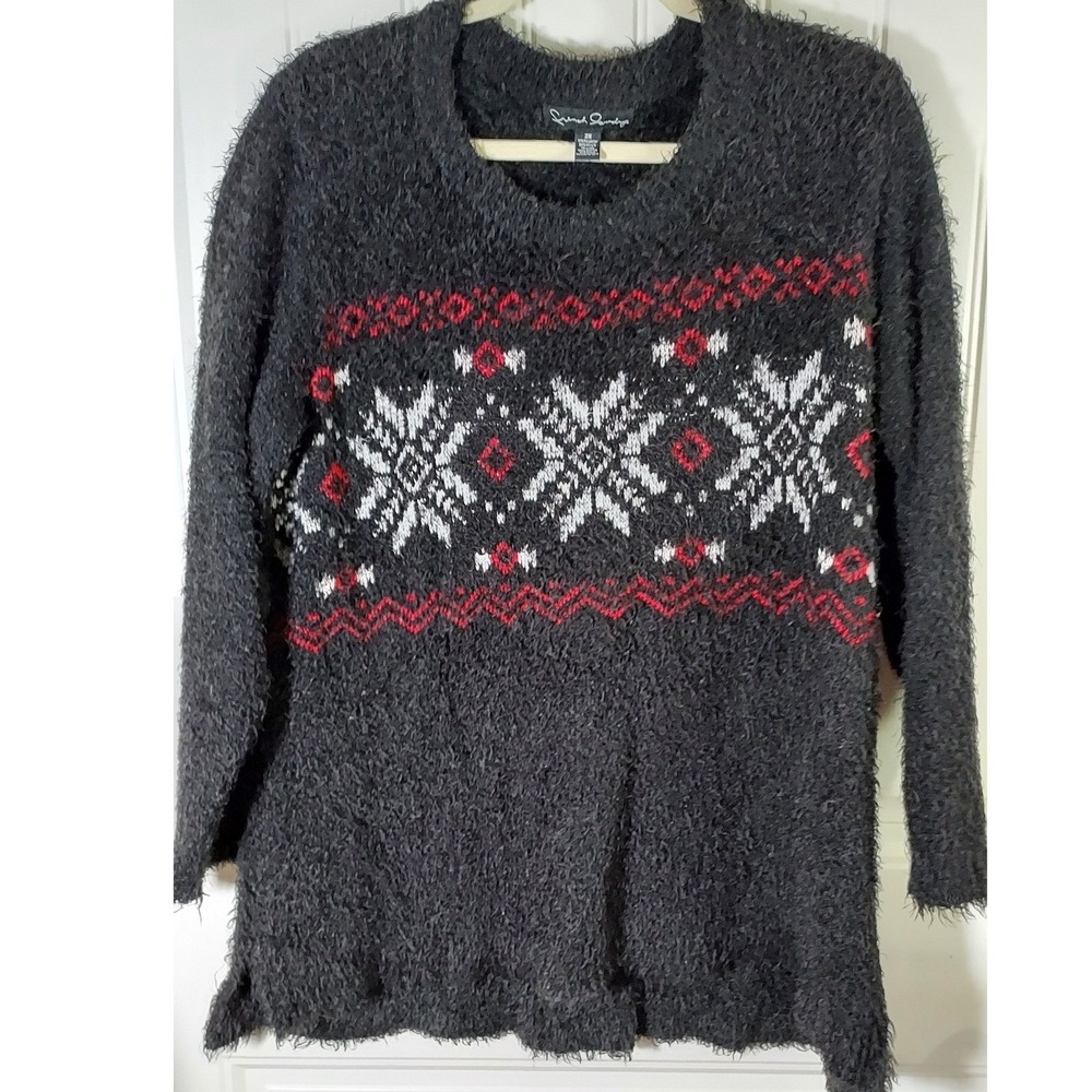 French Laundry Sweater Women 2X Gray Fair Isle Eyelash Knit Fuzzy Snowflake Red